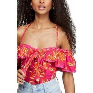 Free People Cha Cha Cold Shoulder Flounce Top- Raspberry Pink SZ XS New